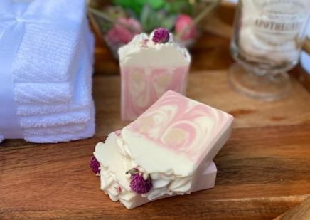 Cherry Bomb Cold Process Soap with Flower embed