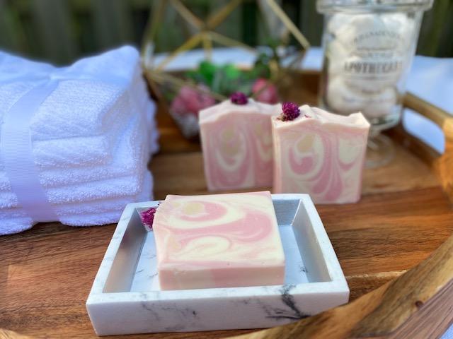 Cherry Bomb Cold Process Soap with Flower embed